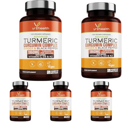 Turmeric Capsules High Strength 1860mg with Black Pepper, Ginger, Vitamin C & D for Immune System & Joints Plus K2 Mk7-120 Vegan Capsules Premium Turmeric Curcumin – Made in The UK by YrHealth