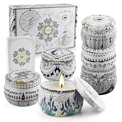 Tarot geurkaarsen Gift Set van 6 stuks, aromatherapie kaarsen 6 blikjes, 180 blijvende uren, soja wax kaars cadeau voor vrouwen, stressverlichting, verjaardag, bad, reizen, Moederdag, Valentijnsdag, Kerstmis