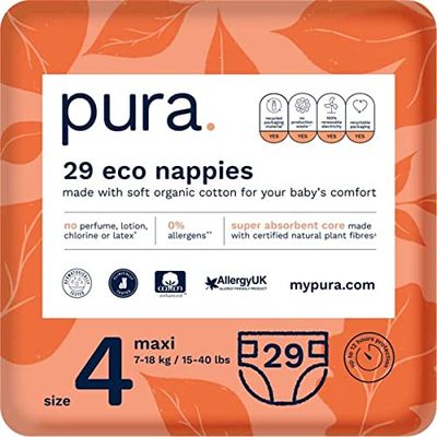 Pura Couches Bébé, Taille 4 (Maxi 7-18kg), 29 Couches (1 Paquet), Certifiées EU Ecolabel, Adaptées Aux Peaux Sensibles, en Coton Biologique, Sans Parfum, Ultra-Absorbantes