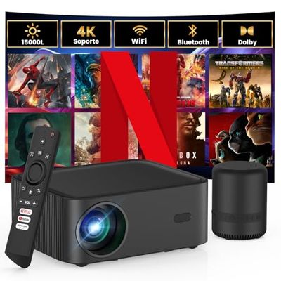 HOPVISION Mini Proiettore【Netflix/Prime Video/Youtube Ufficiale】con altoparlante BT, 15000L Proiettore Portatile WiFi Bluetooth, Proiettore 4k 1080P Full HD per Dolby/Android/iOS/PS5