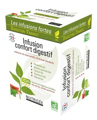 NUTRIGÉE - Infusion Confort Digestif Bio - Triple Action - Digestion, Transit & Ballonnements - Menthe Poivrée, Fenouil, Mauve, Guimauve, Rhubarbe - Riche En Concentrés Végétaux Solubles - 30 Sachets