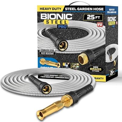 Bionic Steel PRO Tuinslang - 304 roestvrij staal metalen 25 voet tuinslang - zwaar belastbaar, lichtgewicht, knikvrij en sterker dan ooit met messing fittingen en aan/uit ventiel - model 2023