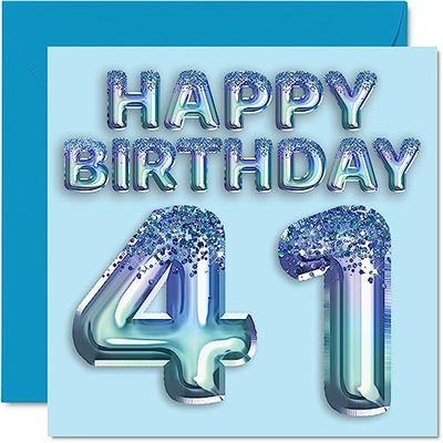 41e verjaardagskaart voor mannen - blauwe glitter feestballon - gelukkige verjaardagskaarten voor 41 jaar oude man vriend vader broer oom neef, 145 mm x 145 mm eenenveertigste verjaardag wenskaarten