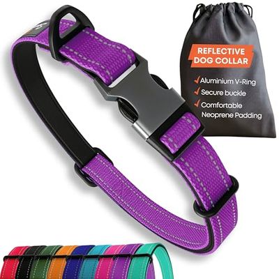 Strong hondenhalsband voor grote honden, paars, reflecterend, verstelbaar, gevoerd, metalen gesp, aluminium V-ring, hondenveiligheid