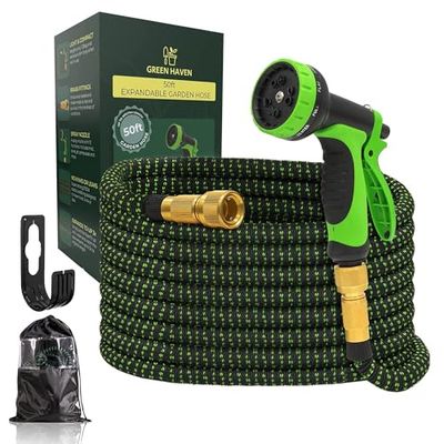 Green Haven Tuyau d'arrosage extensible – 15 m tuyau avec 8 modes de pulvérisation, raccords en laiton massif extra résistant avec design anti-nœud, étanche et extensible pour la maison et le jardin