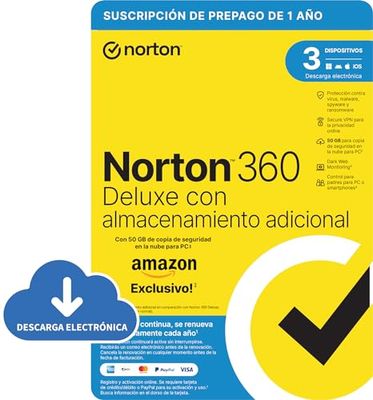 NORTON 360 DELUXE CON ALMACENAMIENTO EXTRA|Exclusivo Amazon*|25GB mas de Copia de Seguridad en la Nube|3 Dispositivos|1 AÑO de suscripción con renovación automática|Enviado por email