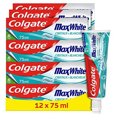 COLGATE - Dentifricio Colgate Max White Cristalli Bianchezza - Dentifricio Bianchezza - Tubo Riciclabile - Confezione da 12 Tubi di Dentifricio da 75 ml