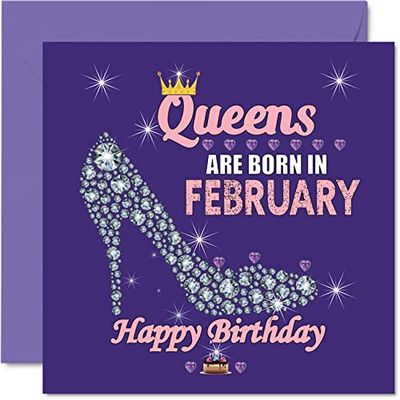 Birthday Cards for Women - Queens Are Born In February - Happy Birthday Cards for Wife Girlfriend Mum Daughter Sister Grandma Auntie Grandmother Friend, 145mm Humour Greeting Gift Ideas