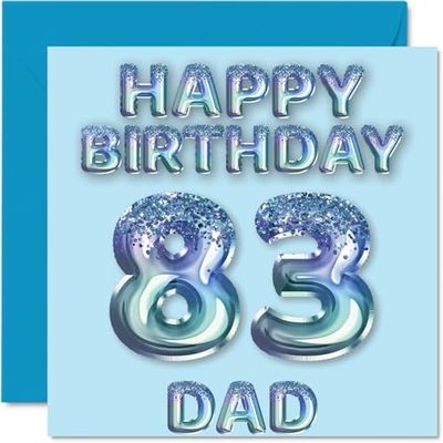 83e verjaardagskaart voor papa - blauwe glitter feestballonnen - gelukkige verjaardagskaarten voor 83-jarige vader vader van zoon dochter, 145 mm x 145 mm verjaardagskaarten cadeau