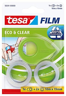 tesafilm® eco & clear - Cinta Adhesiva Transparente Ecológica + Dispensador Manual Mini - 100% Plástico Reciclado - 10 m x 19 mm - Paquete con Dispensador + 2 Rollos - Verde