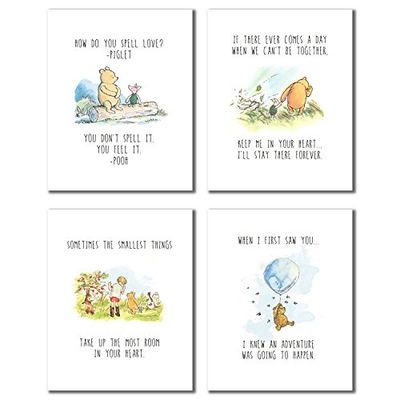 BigWig Prints Winnie de Poeh muurkunst. klassieke kinderkamerdecoratie, vriendschapscitaten, foto's, slaapkamer speelkamer, citaten afdrukken, inspirerende gezegden, 4 stuks (8 x 10)