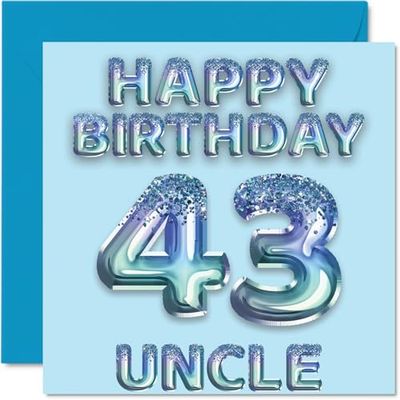 Tarjeta de cumpleaños número 43 para tío, globos de fiesta con purpurina azul, tarjetas de feliz cumpleaños para tío de 43 años de sobrino sobrino, tarjetas de felicitación de cumpleaños de 145 mm x