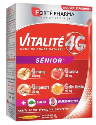Forté Pharma - Vitalité 4G Sénior - Ginseng, Gingembre, Guarana, Gelée Royale, Harpagophytum - Complément Alimentaire Senior - Résistance physique, Anti fatigue et stress - 20 ampoules, 1/jour