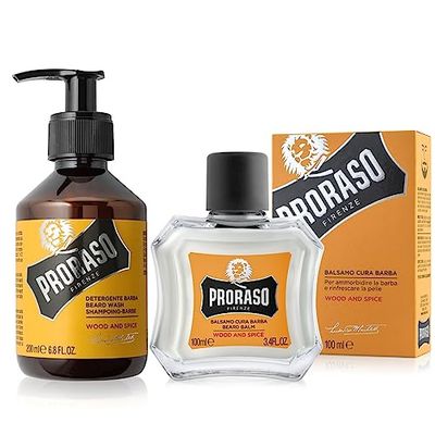 Proraso Set per Cura della Barba Corta Wood and Spice, Set con Shampoo Barba 200 ml e Balsamo Barba 100 ml dalla fragranza speziata e legnosa, Made in Italy