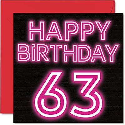 Divertidas tarjetas de cumpleaños número 63 para hombres y mujeres, neón brillante, tarjeta de feliz cumpleaños para papá, mamá, abuelo, niñera, abuela, tío y primo, tarjetas de felicitación de 145