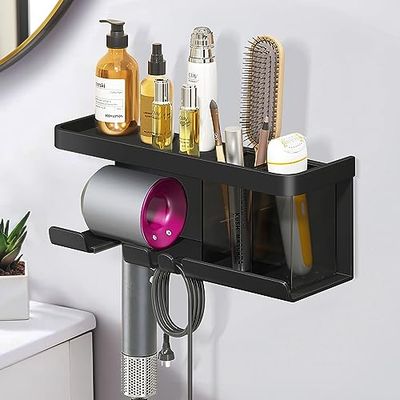 Boomersun Hair Dryer Holder, Blow Dryer Organizer, Hair Dryer Holder Wall Mounted with Shelf for Bathroom, Salon, Bedroom Organizers & Storage(Matte Black)