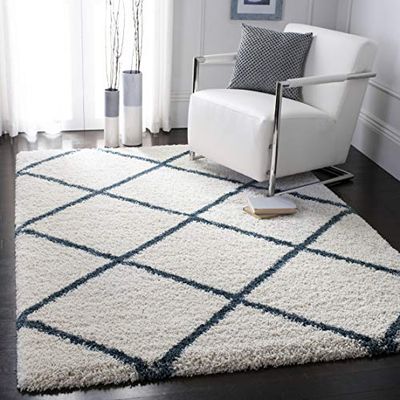 Safavieh Hudson Shag Collection SGH281A Tapis de Sol avec Grille Diamant 25,4 x 35,6 cm, Polypropylène, Ivoire/Bleu Ardoise., 5' 1" x 7' 6"