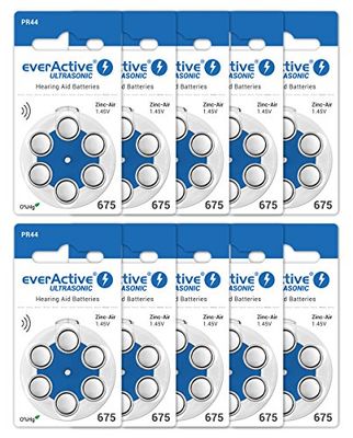 everActive 675, 60 stycken, hörapparatsbatterier, hög prestanda, zinkluftbatterier, 10 blisterkort, 4 års hållbarhet, blå, Ultrasonic PR44