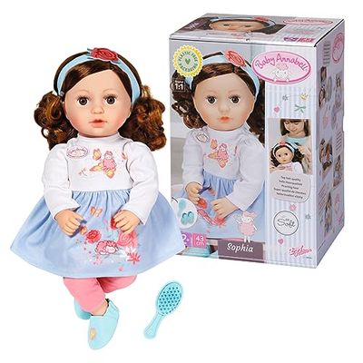 Baby Annabell Sophia, brunette 707234-43cm Doll with Super Soft Fabric Body with Dress, Leggings & Shoes for Toddlers - Includes Hairband & Brush - Hand Washable - Suitable from 2 Years, Multicolor