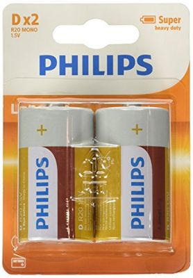 Philips D-Batterie - R20L2B - Batteria da 2 - Tecnologia al Cloruro di Zinco - Durata di Conservazione di 3 Anni - 1,5 V