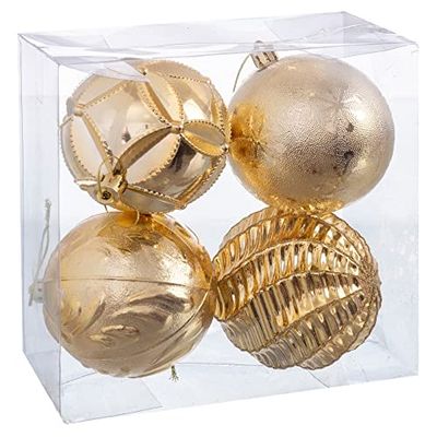 Santiago y Cia Set of 4 Embossed Baubles for Hanging - Simple and Elegant Style in Gold Colour, Size: 80 mm Christmas, Multi-Colour, Not Applicable