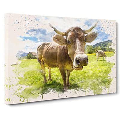 Cow in the Meadow No.7 Modern FC Canvas Wall Art Print Ready to Hang, Framed Picture for Living Room Bedroom Home Office Décor, 24x16 Inch (60x40 cm)