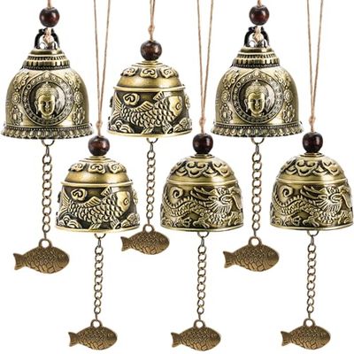 Peohud 6 stuks Fengshui Bell, Vintage Wind Bell, Lucky Blessing Wind Chimes, Good Luck Dragon Fish Boeddha Opknoping Bell voor Huis Tuin Patio Auto Deurbel of Decor