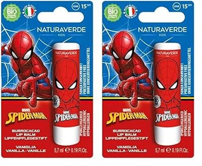 Naturaverde | Kids - Disney Marvel Spiderman - Burrocacao alla Vaniglia, Burro Cacao Bambino con Burro di Karité BIO, con Filtri UVA-UVB - SPF 15, Lipstick da 5,7ml (Confezione da 2)