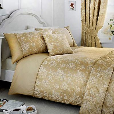 Serene - Jasmine - Conjunto de capa de edredão de fácil cuidado, tamanho da cama de solteiro, roupa de cama dourada champanhe
