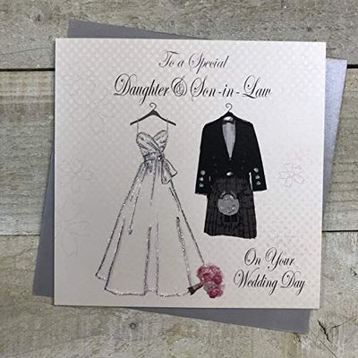 Witte katoenen kaarten naar een speciale dochter & zoon-in-law dag, handgemaakte Schotse trouwkaart (bruid jurk & Kilt)