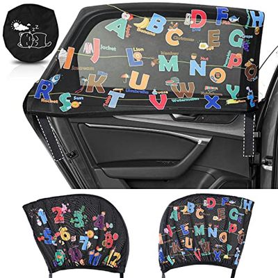 MOVINPE Car Window Shade for Baby, 2-Pack Breathable Mesh Rear Window Screens, Universal Stretchable Sun Shades, Heat and UV Block, Privacy Shield for Toddler Kids Babies (ABC+123)