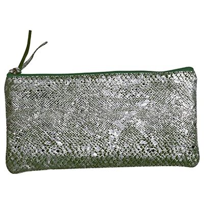 Clairefontaine 410101C - Groene en zilveren platte schooletui met slangenmotief, 22 x 11 cm, van echt lamsleer, schoolbenodigdheden, etui met kleurpotloden, pennenhouder