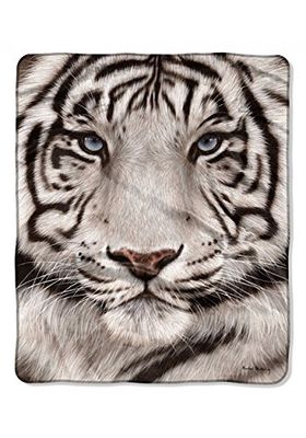 Noroeste Branco cara tigre de peluche manta de tecido Raschel, preto, branco e piercing de Greay com olhos azuis, 50 polegadas por 60 polegadas