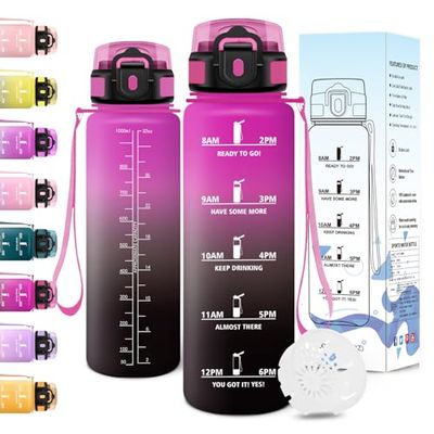 Motswedi Botella Agua 1 litro, a Prueba de Fugas, Cantimplora, Sin BPA, Botella Agua Gimnasio, con Marca de Tiempo, Botellas, Cantimplora para Gym, Bicicleta, Yoga, Oficina, Morado Rojo & Negro