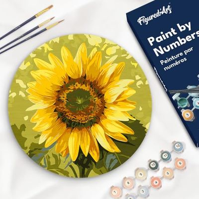 Figured'Art Peinture par Numéro Adulte sur Disque en Bois de 30cm de diamètre - Tournesol - Kit de Loisir Créatif DIY Numéro d'Art Complet