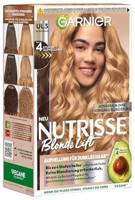 Garnier Nutrisse Blonde Lift Éclaircissant pour cheveux foncés en marron miel avec 4 niveaux d'éclaircissement sans décoloration préalable