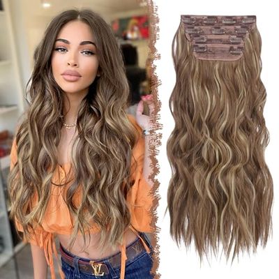 FESHFEN Extension de Cheveux à Clips, 4 PCS Longue Ondulées Bouclées Synthétique Naturel Postiche Cheveux Brun Clair et Blond Extensions de Cheveux pour Femme 50 cm
