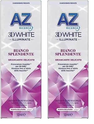 AZ Ricerca DENTIFRICIO 3D White Illuminate Bianco Splendente, SBIANCANTE DELICATO, RIMUOVE Fino al 100% delle MACCHIE Superficiali, Confezione SINGOLA da 50ml, Gusto MENTA DELICATA (Confezione da 2)