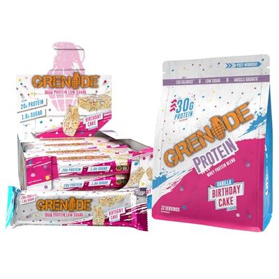 Grenade High Protein, Low Sugar Birthday Cake Bundle - Birthday Cake Protein Bars, 12 x 60 g & Birthday Cake Protein Powder, 480 g