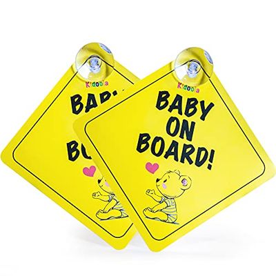 kidoola 2pcs Baby on Board Sign for Car – Newborn & Kids Driving Safety Sticker with Suction Cups – Highly Visible Warning Sign for Window (Bear)