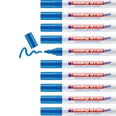 edding 8750 industry paint marker - bleu - 10 stylos - pointe ronde 2-4 mm - marqueur pour peinture pour écrire sur des surfaces poussiéreuses et légèrement huileuses, pneus, métal, verre et bois