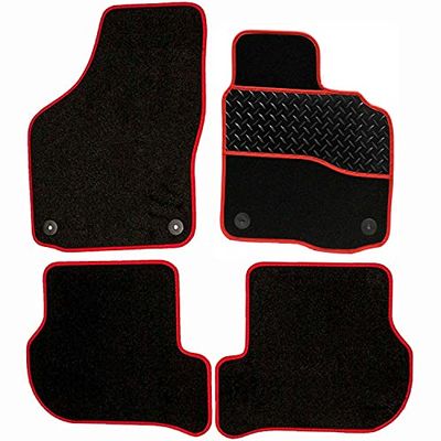 Sakura DD1999RD Tailored Car Mats, Black with Rubber Heelpad - Red Trim