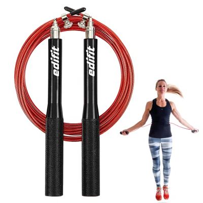 EDIFIT Crossfit Springtouw, 3 meter, handvat 165 mm, verstelbaar, voor mannen en vrouwen, hometraining, fitness, boksen, training (rood en zwart)