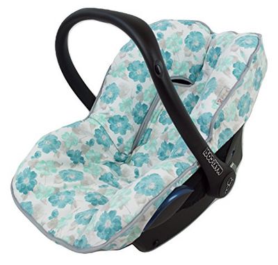 Housse matelas universelle pour groupe 0 ou Maxi-Cosi. Modèle Fleurs Turquoise. Grille 3d
