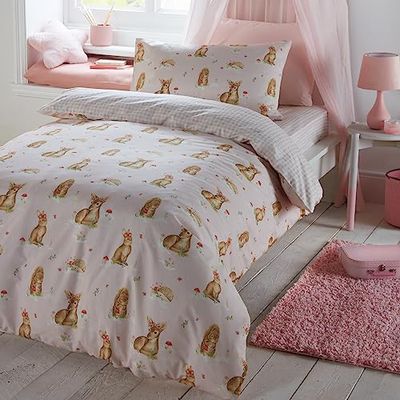 Bedlam – påslakan med rosa skogsdjur – sängkläder för enkelsäng (200 x 140 cm) – vändbart (2 mönster) – rosa rutigt påslakan – rosa sängkläder med rådjur, igelkott och ekorre – skogssängkläder