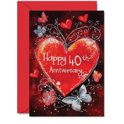 Beautiful Silver 40th Anniversary Cards for Women Men - Love Heart - Elegant Wedding Anniversary Card for Husband Wife Boyfriend Girlfriend, 5x7 Gorgeous Greeting Cards Gift