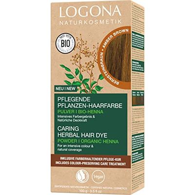 LOGONA Naturkosmetik Tinte vegetal nutritivo para el cabello, polvo vegano con henna orgánica para un color intenso y brillo, color de plantas en color ámbar (marrón), 1 x 100 g