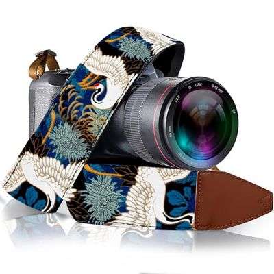 Art Tribute Camera Strap Blue Crane Gold Foil Style Vintage for All DSLR Camera. Embroidered Elegant Universal Neck & Shoulder Strap, Floral Pattern for Men & Women Photographers