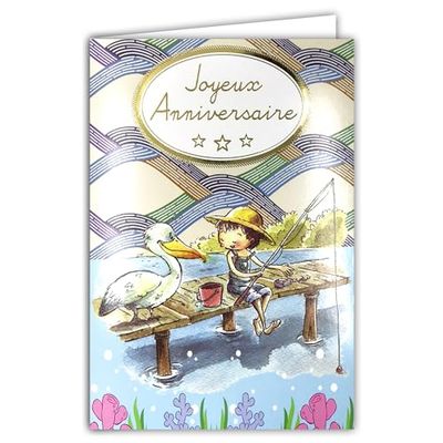 AFIE Happy Birthday Card Gold Shiny Little Boy Young Fisherman Fishing Cane Hat Straw Bird Pelican Pontoon Wood Lake River Fresh Water Bucket Float Envelope White 12 x 17.5 cm 67-1050-B
