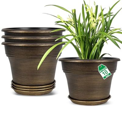 Lot de 4 Pots de Fleurs décoratifs en résine avec Soucoupe pour intérieur et extérieur, 25,4 cm, doré foncé